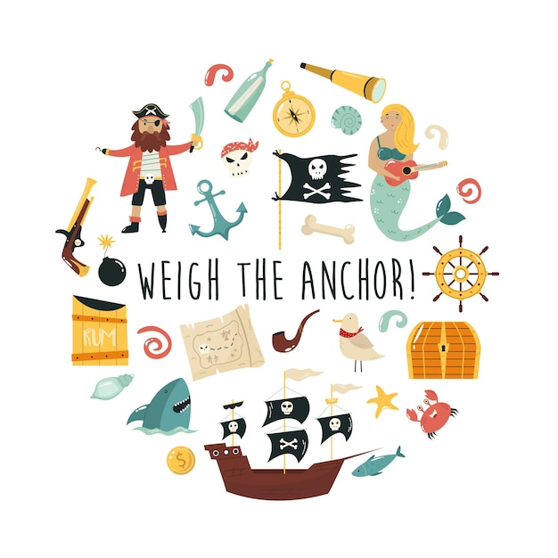 Vector vector composition with colorful pirate characters and symbols of piracy