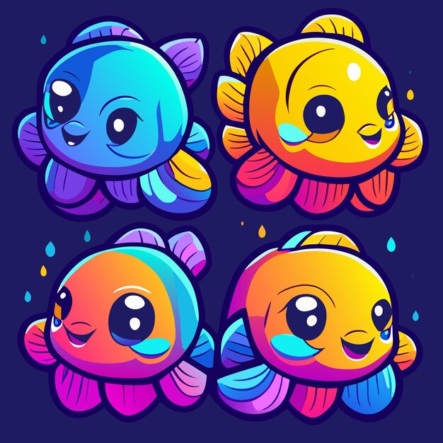 Vector concept art of four playful fish characters