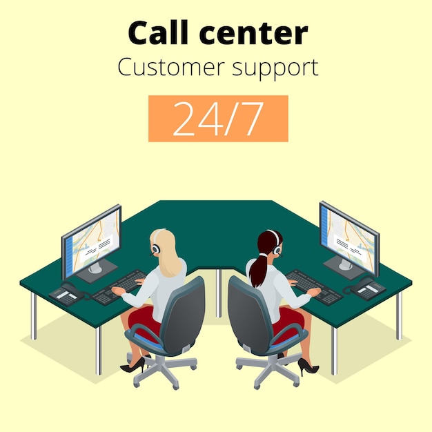 Concetto di vettore di call center. supporto tecnico o call center del dispatcher. operatore femminile al call center. illustrazione isometrica vettoriale 3d piatta