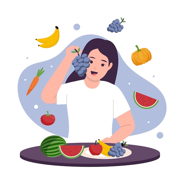 Vector concept of girls eat healthy food