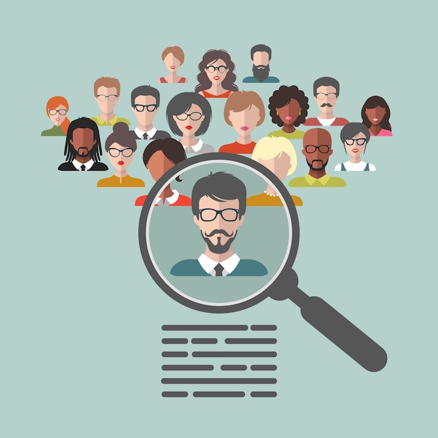 Vector vector concept of human resources management professional staff research head hunter job with magnifying glass