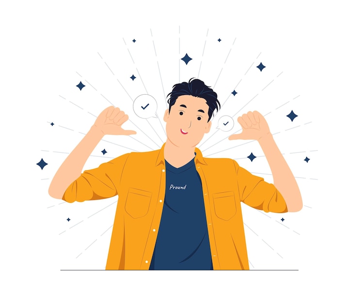 Vector vector concept illustratie succesvolle jonge zakenman met een hoog gevoel van eigenwaarde en vertrouwen gekleed in stijlvol pak wijzend zichzelf met vingers trots en gelukkig platte cartoon stijl