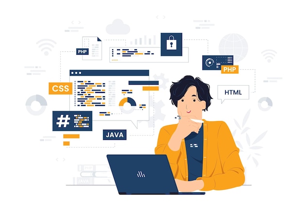 평면 만화 스타일을 코딩하고 개발하는 동안 펜을 들고 사무실 책상에 앉아 노트북을 사용하는 벡터 개념 그림 프로그래머 엔지니어