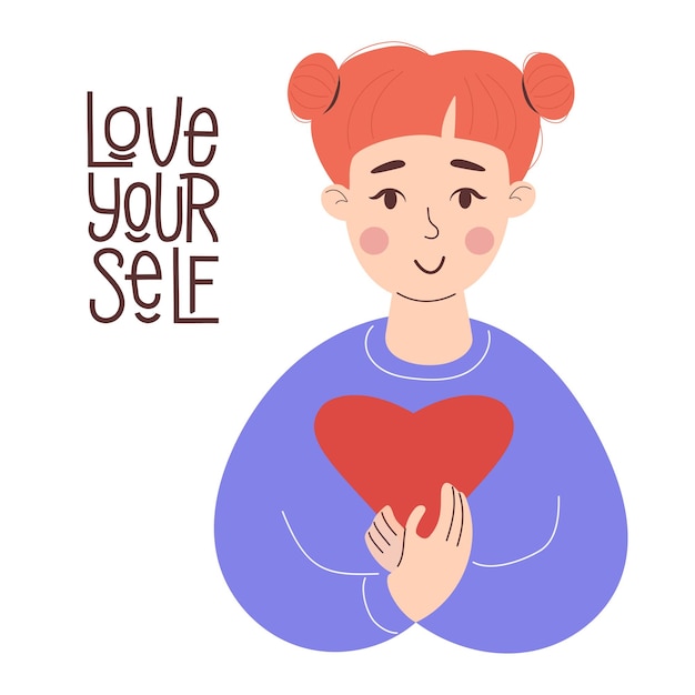 Vector Concept Love yourself girl with red heart make time for yourself by taking care of yourself