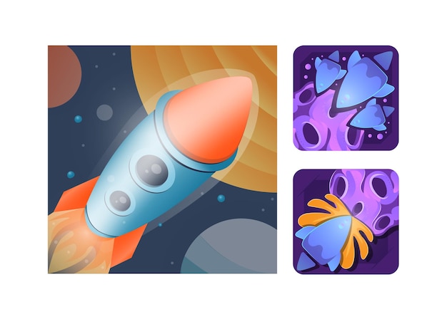 Vector concept of a spaceship and the conquest of other planets in a cartoon style