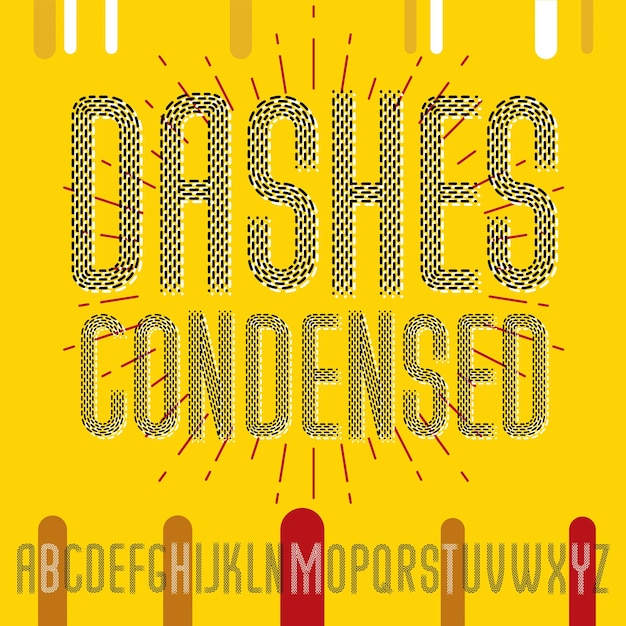 vector condensed upper case modern alphabet letters set. rounded bold retro font, typescript can be used in art creation. created using dashes, parallel lines.