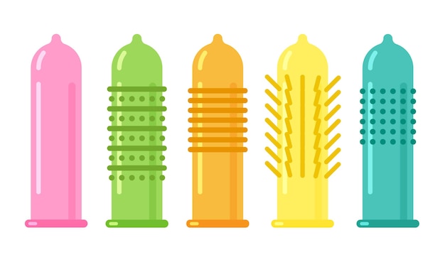 Icona del preservativo vettoriale concetto di contraccezione diverse forme e tipi di preservativi isolati su bianco