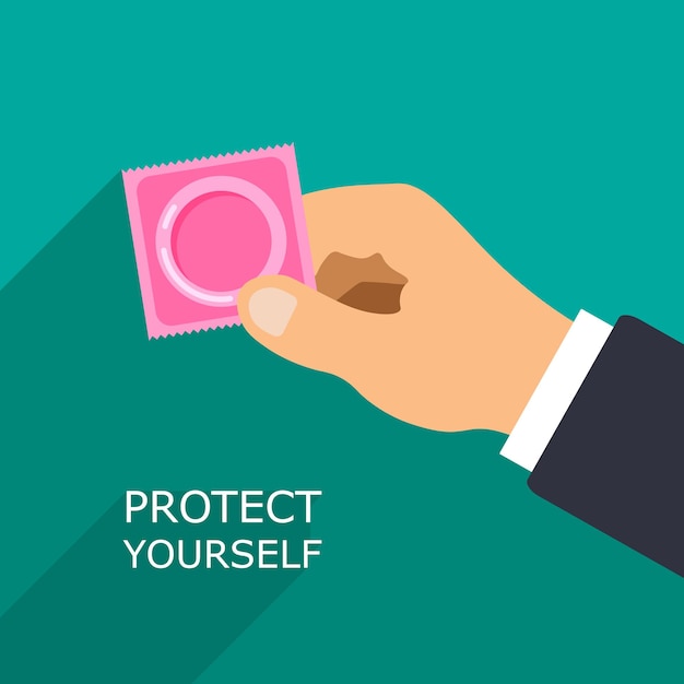 Vector condom icon safe yourself concept social advertisement hand holds contraception item