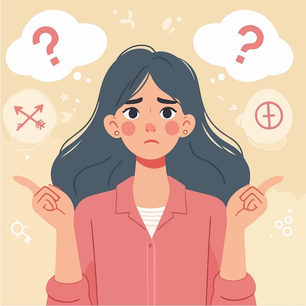 Vector confused choice thinking doubt concept woman making decision cartoon character