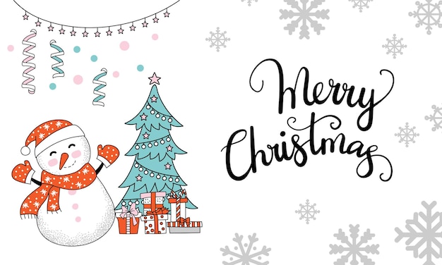 Vector congratulation card snowman with a Christmas tree