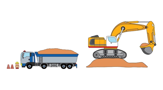 Vector construction excavator on top of dirt and dump truck carrying dirt with construction worker