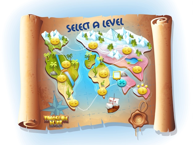 Vector continent colorful art map of treasure hunting