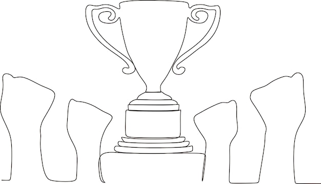Vector continuous line drawing hand holding trophy vector illustration