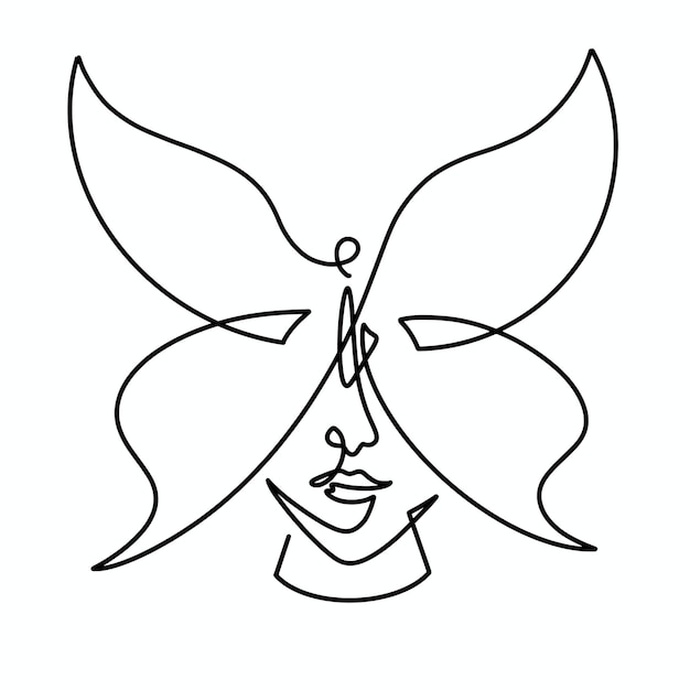 Vector continuous one line woman face with butterfly illustration
