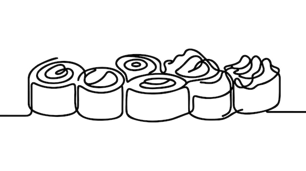 Disegno vettoriale continuo di rotoli di sushi in silhouette su sfondo bianco lineare stilizzato