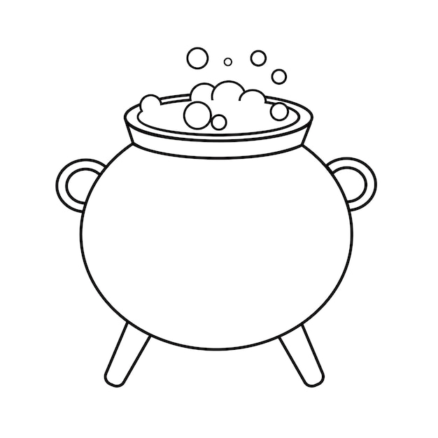 Vector Contour black and white drawing of a witch's cauldron with boiling potion