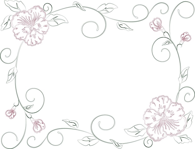 Vettore disegno di contorno vettoriale di cornice floreale decorativa da delicati fiori di viole del pensiero con foglie di boccioli e viticci