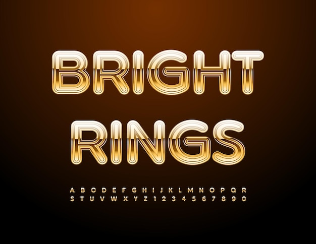 Vector cool Emblem Bright Rings Unique Gold Font Trendy Luxury Alphabet Letters and Numbers set