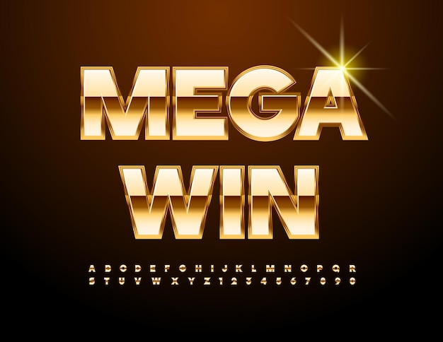 Vector cool sign Mega Win Luxury Gold Font Premium Alphabet Letters and Numbers set