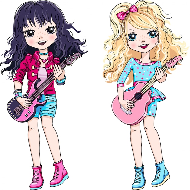 Vector vector coole rocksterren brunette en blonde baby meisjes muzikant gitaar spelen.