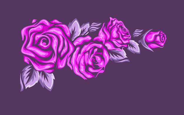 Vector angolo sfondo viola scuro con rose magenta e foglie viola