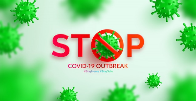 Vettore di coronavirus 2019-ncov e sfondo di virus con cellule patologiche. smetti di battere il virus covid-19 corona, resta a casa e resta al sicuro