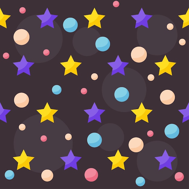 Vector cosmic seamless pattern background with funny drawing bright planets and stars in open space