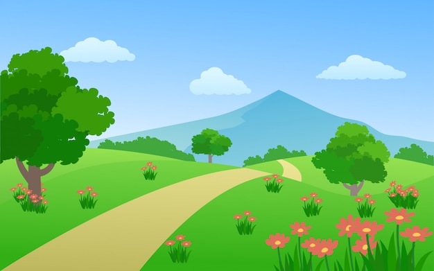 Vector countryside scenery with mountain and pathway