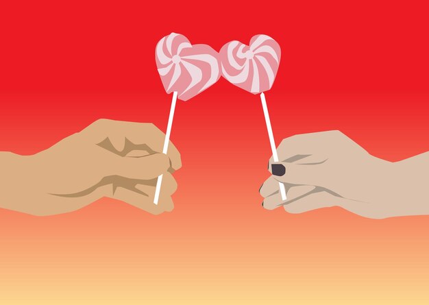 Vector vector couple hands holding each other love heart shaped lollipop illustration