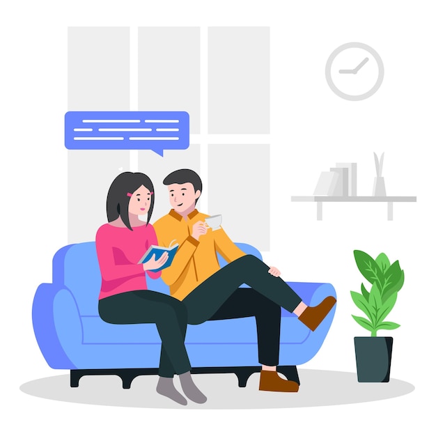 Vector Couple sits on sofa relaxing at home illustration
