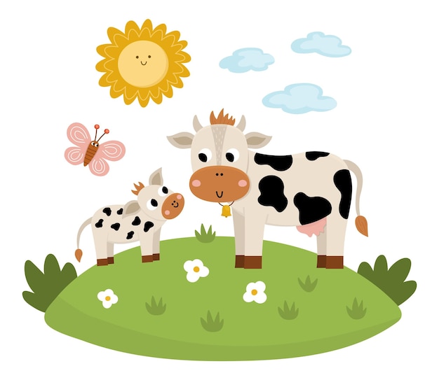 Vector cow with baby on a lawn under the sun Cute cartoon family scene illustration for kids Farm animals on natural background Colorful flat mother and baby picture for children