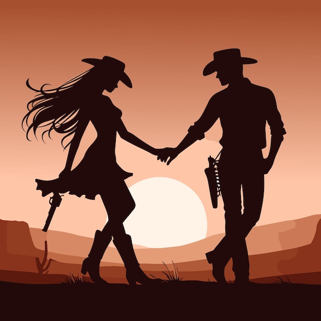 Silhouette di cowboy e ragazza vettoriale