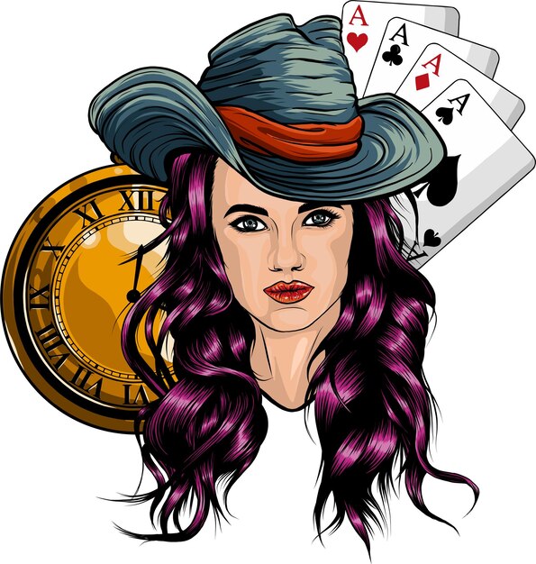 Vettore vettore cowgirl con assi di poker e orologio d'oro