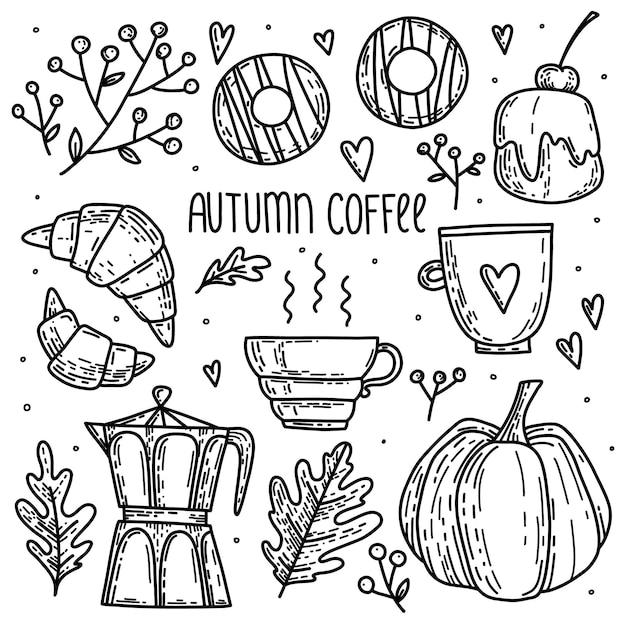 vector cozy fall set with cute fall pumpkin cream cakes hot chocolate drink coffee pot donuts