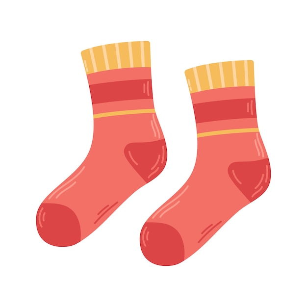 Vector cozy pair of red and yellow socks with ornaments Knitted warm clothes Woolen warm socks