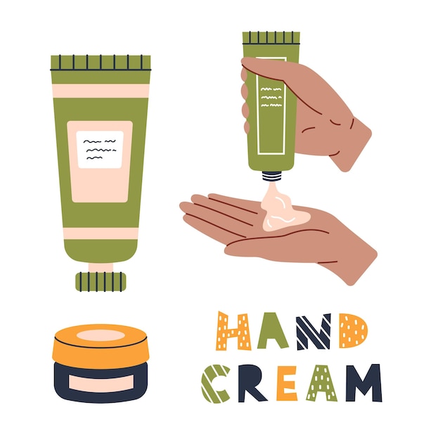 Vettore tubetti per crema vettoriali e vasetto per crema dal design piatto set di cosmetici per bellezza e cura della pelle collezione di routine quotidiana crema per spremere le mani in pelle nera da un tubo verde su un palmo testo crema per le mani