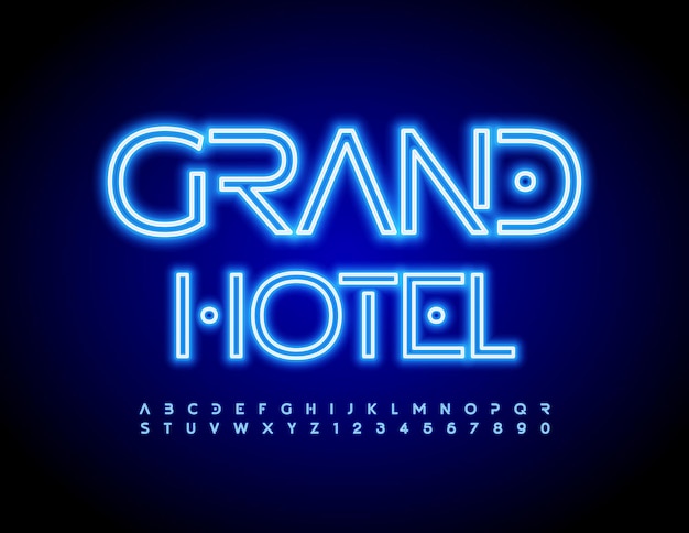 Vector creatief logo Grand Hotel met blauwe neon lettertype abstracte moderne alfabet