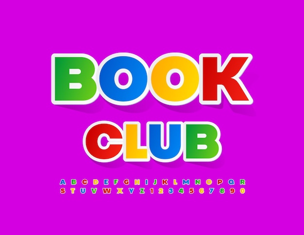 Vector creatieve embleem boekenclub. Kleurrijke sticker lettertype. Heldere papieren Alfabetletters en cijfers
