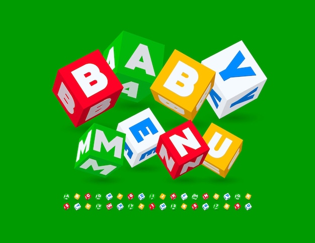 Vector creatieve sjabloon Babymenu. 3D speels lettertype. Kleurrijke kinderachtige Alfabetletters en cijfers