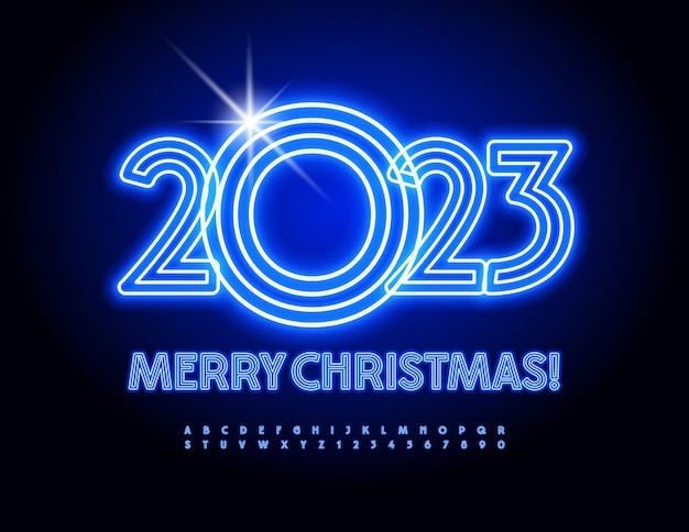 Vector creatieve wenskaart merry christmas 2023! blauwe neon alfabet letters en cijfers set
