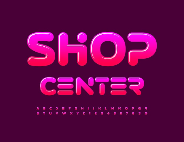 Векторная творческая эмблема магазин центр. розовый глянцевый шрифт. набор модных букв и цифр алфавита
