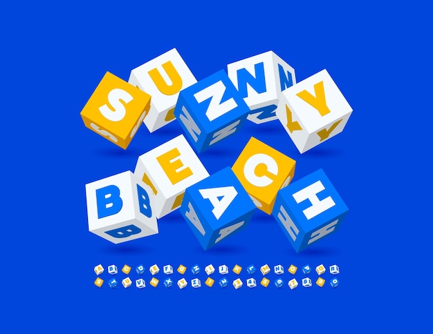 Vector creative emblem Sunny Beach with funny 3D Font. Set of Cubic Alphabet Letters and Numbers