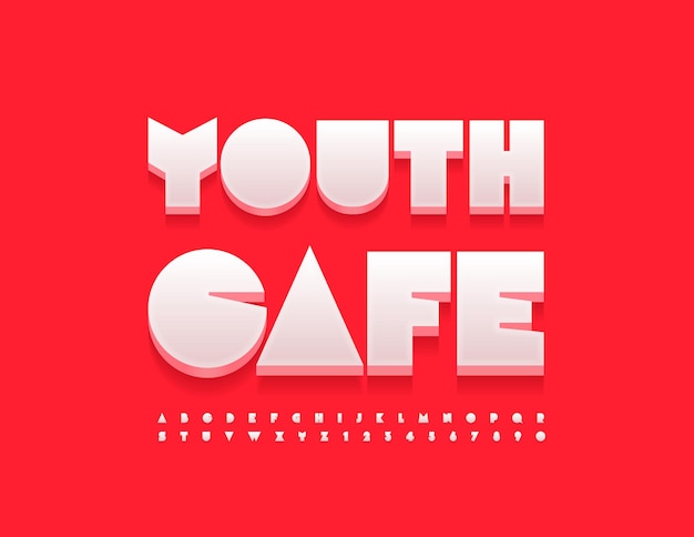 Vector creative Emblem Youth Cafe. Trendy white 3D Font. Artistic Alphabet Letters and Numbers set