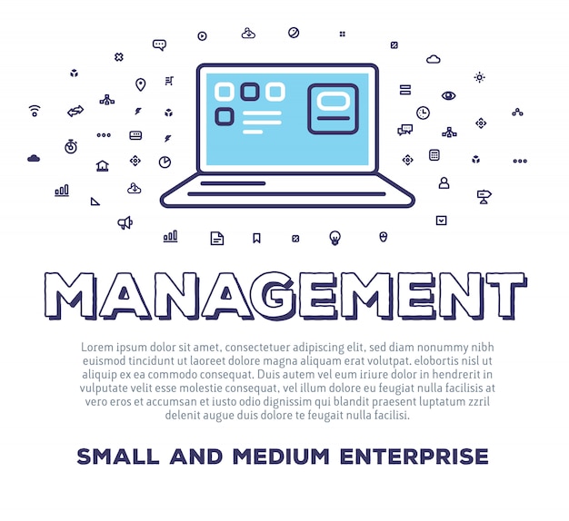Illustrazione creativa di vettore del computer portatile aperto con tipografia di parola e nuvola di icone di linea su priorità bassa bianca. gestione del tempo