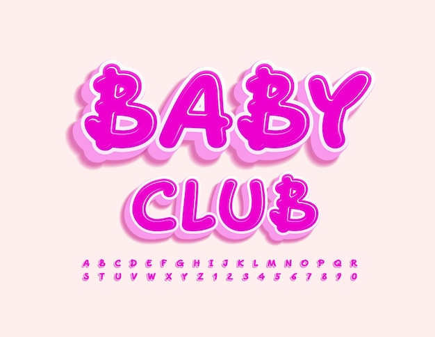 ベクトル クリエイティブ ロゴ ベビー クラブ。遊び心のあるピンクの 3d フォント。現代のアルファベット文字と数字