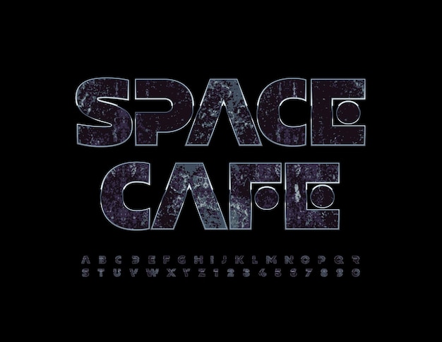 Logo creativo vettoriale space cafe stile futuristico font set cosmico di lettere e numeri dell'alfabeto