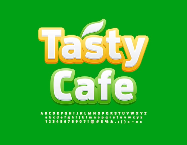 Vector creative logo Tasty Cafe with decorative Leaf. Green and White Alphabet Letters, Numbers