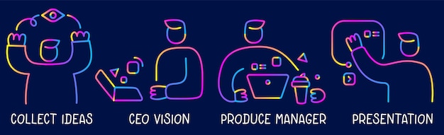 텍스트가 있는 어두운 배경에서 노트북에서 일하는 사업가의 벡터 창의적인 네온 색상 세트입니다. 웹, 사이트, 배너, 포스터, 프레젠테이션을 위한 라인 아트 트렌드 스타일 그래픽 디자인