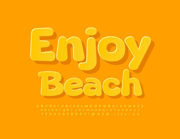 Векторный креативный плакат enjoy beach. забавный желтый шрифт. яркие буквы алфавита, цифры и символы