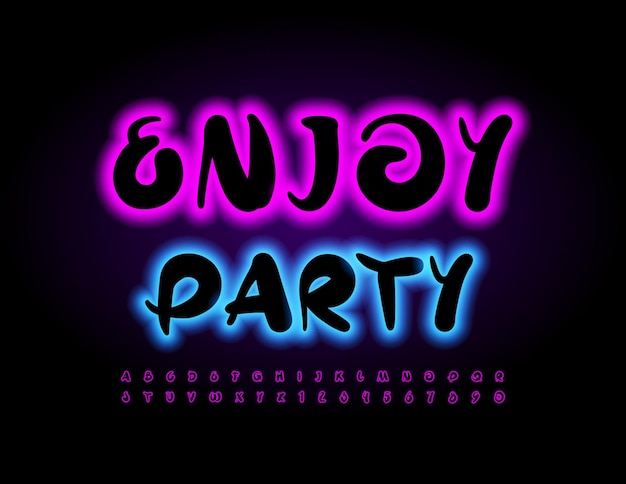 Vector creative poster Enjoy Party. Neon Artistic Font. Glowing  Trendy Alphabet Letters and Numbers
